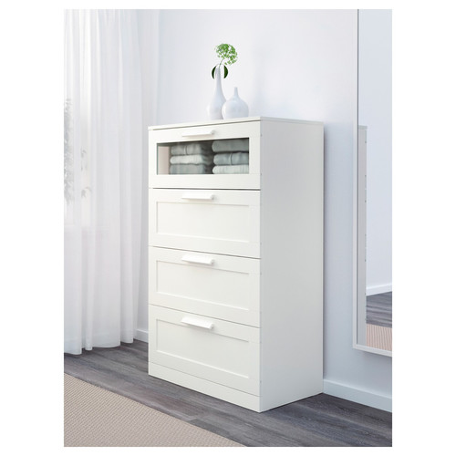 BRIMNES Chest of 4 drawers, white, frosted glass, 78x124 cm