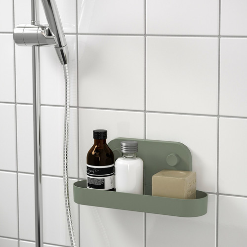 ÖBONÄS Wall shelf with suction cup, grey-green, 28 cm