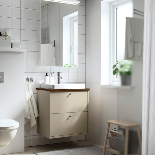 HAVBÄCK / ORRSJÖN Wash-stnd w drawers/wash-basin/tap, beige/brown walnut effect, 62x49x71 cm