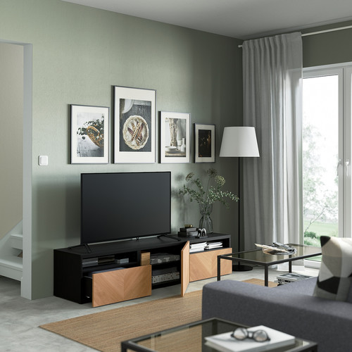 BESTÅ TV unit with drawers and door, black-brown, Hedeviken oak veneer, 180x42x39 cm