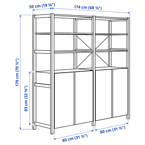 IVAR 2 sections/shelves/cabinet, pine, 174x50x179 cm