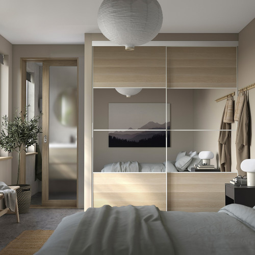 BOAXEL/SKYTTA Reach-in wardrobe with sliding door, white Mehamn/Auli/white stained oak effect mirror glass, 202x65x240 cm