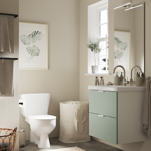 ENHET / TVÄLLEN Wash-stnd w drawers/wash-basin/tap, white/pale grey-green, 64x43x65 cm