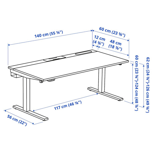 MITTZON Desk sit/stand, electric birch veneer/white, 140x60 cm