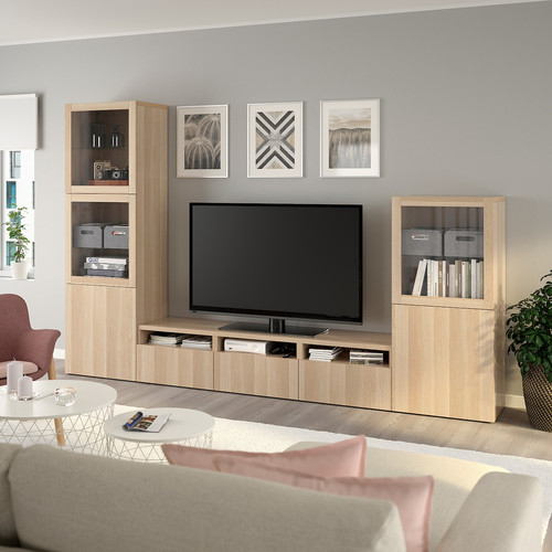 BESTÅ TV storage combination/glass doors, white stained oak effect/Lappviken white stained oak eff clear glass, 300x42x193 cm