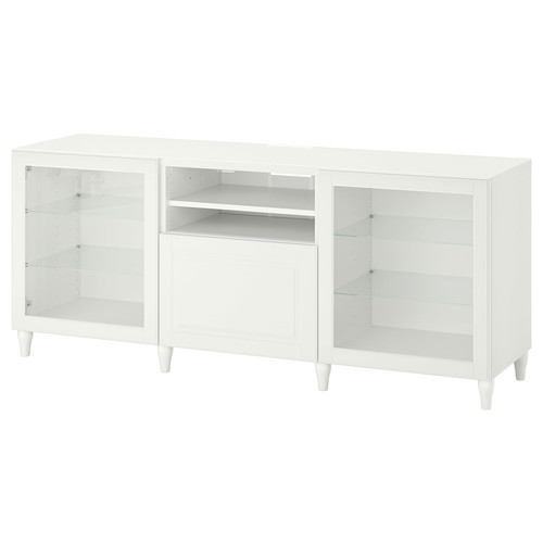 BESTÅ TV bench with drawers, white/Smeviken/Kabbarp white clear glass, 180x42x74 cm