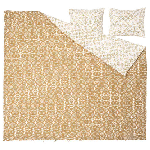 ORMÄNGSFLY Duvet cover and 2 pillowcases, yellow-beige/white, 200x200/50x60 cm