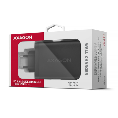 AXAGON Wall Charger EU Plug ACU-DPQ100 GaN 3xport 100W, black