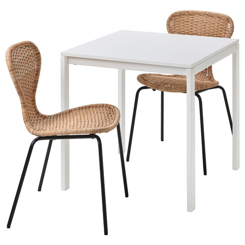 MELLTORP / ÄLVSTA Table and 2 chairs, white white/rattan black, 75x75 cm