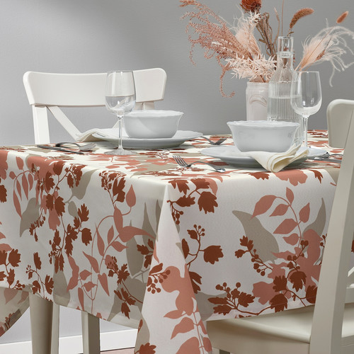 RINGBUK Tablecloth, white beige/red/leaves, 145x240 cm