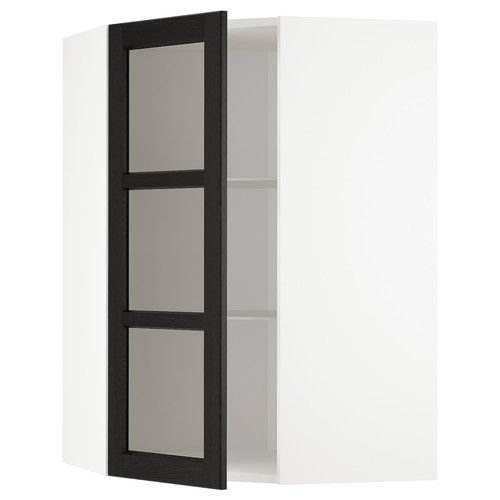 METOD Corner wall cab w shelves/glass dr, white/Lerhyttan black stained, 68x100 cm