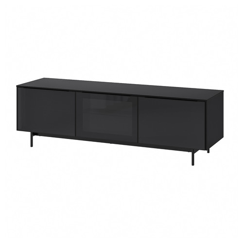 RANNÄS TV bench with doors, black / black glass, 180x40 cm