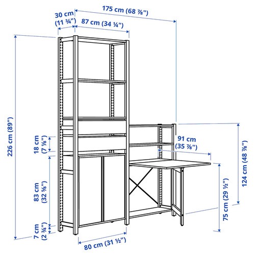 IVAR 2 sec/storage unit w foldable table, pine, 175x30x226 cm