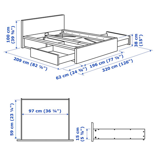 MALM Bed frame, high, w 4 storage boxes, white, Lönset, 180x200 cm
