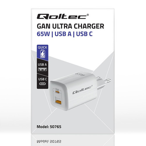 Qoltec Wall Charger EU Plug GaN ULTRA 65W 5V 20V, 2.25A 3.25A