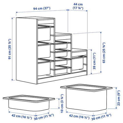 TROFAST Storage combination with boxes, light white stained pine/multicolour, 94x44x91 cm