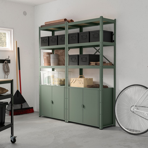 BROR Shelving unit with cabinets, grey-green/pine plywood, 170x40x190 cm