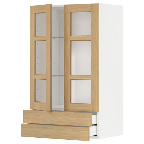 METOD / MAXIMERA Wall cab w 2 glass doors/2 drawers, white/Forsbacka oak, 60x100 cm