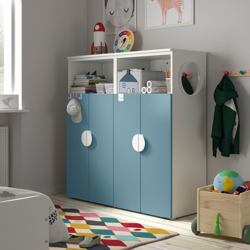 SMÅSTAD / PLATSA Storage combination, white/blue with 6 shelves, 120x42x123 cm