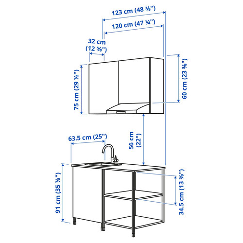 ENHET Kitchen, anthracite, white, 123x63.5x222 cm