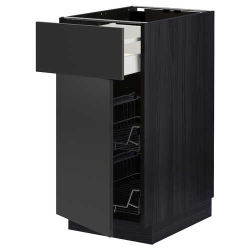 METOD / MAXIMERA Base cab w wire basket/drawer/door, black/Nickebo matt anthracite, 40x60 cm