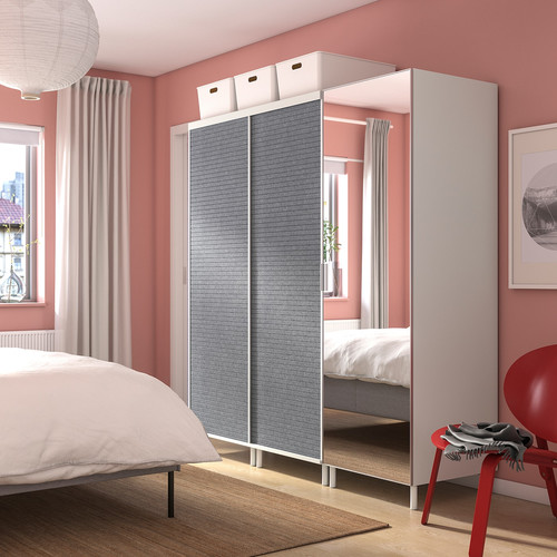 PLATSA Wardrobe w 2 sliding doors+1 door, white Larkollen/dark grey STRAUMEN mirror glass , 180x57x191 cm