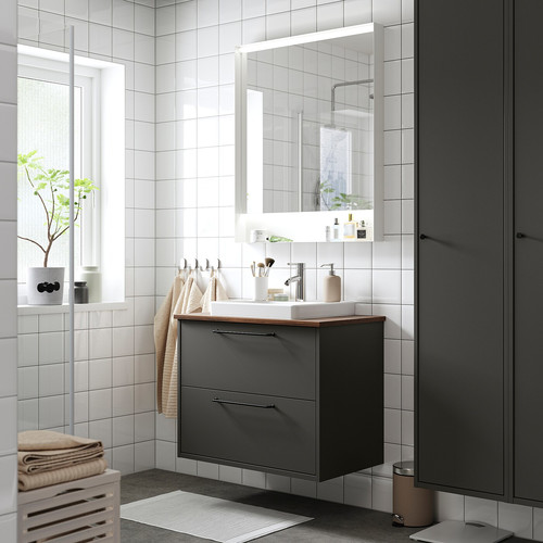 HAVBÄCK / ORRSJÖN Wash-stnd w drawers/wash-basin/tap, dark grey/brown walnut effect, 82x49x71 cm