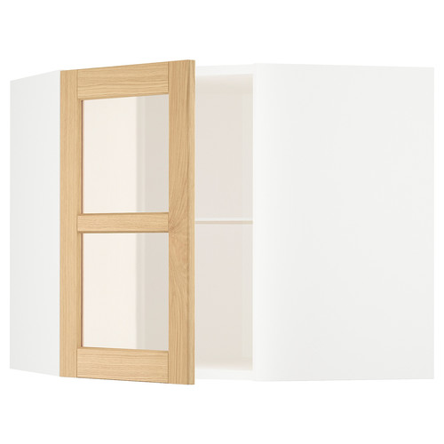 METOD Corner wall cab w shelves/glass dr, white/Forsbacka oak, 68x60 cm