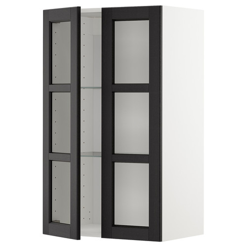 METOD Wall cabinet w shelves/2 glass drs, white/Lerhyttan black stained, 60x100 cm