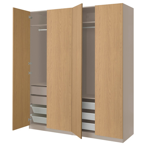 PAX / STORKLINTA Wardrobe combination, grey-beige/oak effect, 200x66x236 cm