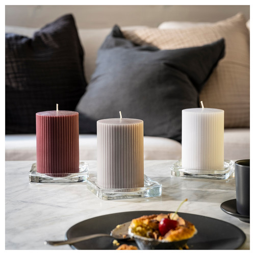 KOPPARLÖNN Scented pillar candle, almond & cherry/mixed colours, 30 hr, 3 pack