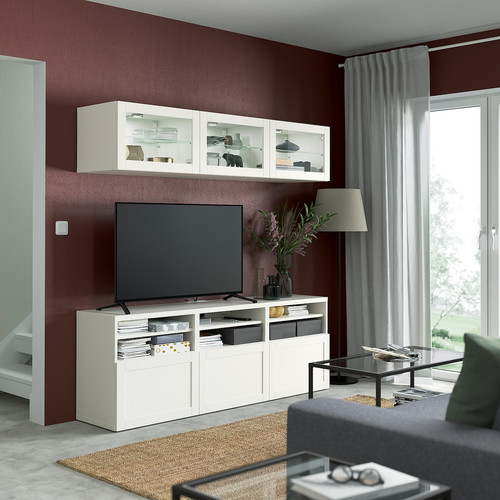 BESTÅ TV storage combination/glass doors, white/Hanviken white clear glass, 180x42x192 cm