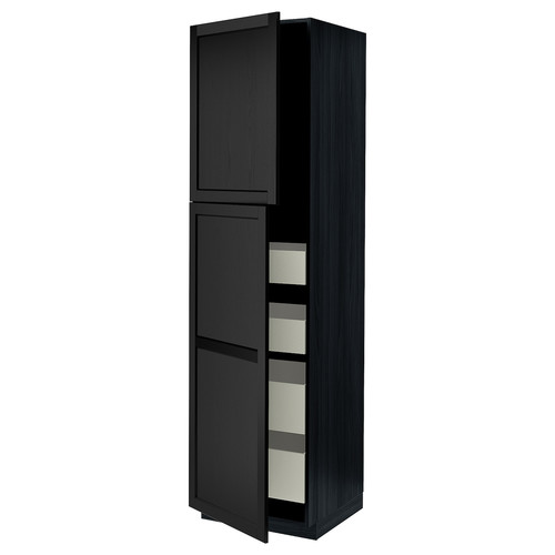 METOD / MAXIMERA Hi cab w 2 doors/4 drawers, black/Lerhyttan black stained, 60x60x220 cm