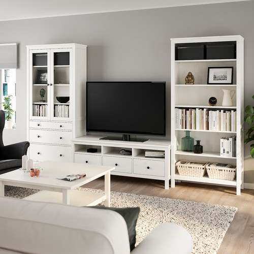 HEMNES TV storage combination, white stain, clear glass, 326x197 cm