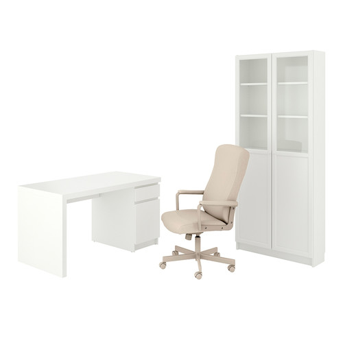 MALM/MILLBERGET / BILLY/OXBERG Desk and storage combination, and swivel chair white/beige