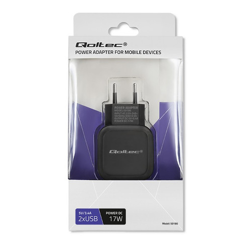 Qoltec Wall Charger EU Plug 17W | 5V | 3.4A | 2xUSB