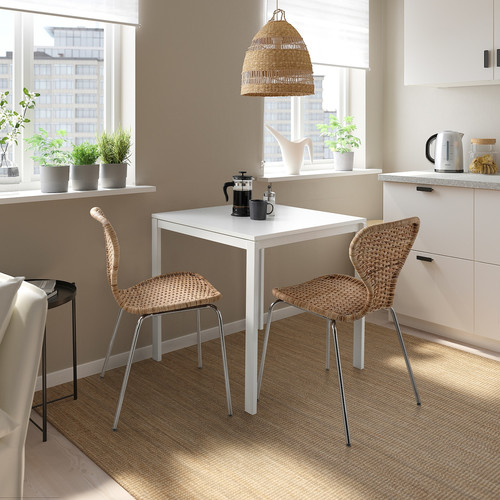 MELLTORP / ÄLVSTA Table and 2 chairs, white white/rattan chrome-plated, 75x75 cm