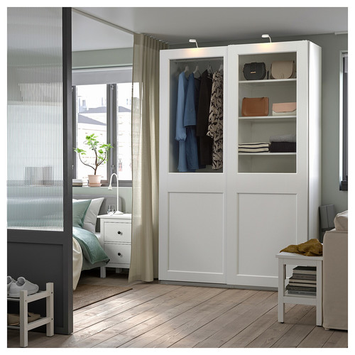 PAX / GRIMO Wardrobe combination, white/clear glass white, 150x66x236 cm