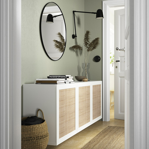 BESTÅ Wall-mounted cabinet combination, white Studsviken/white woven poplar, 180x42x64 cm