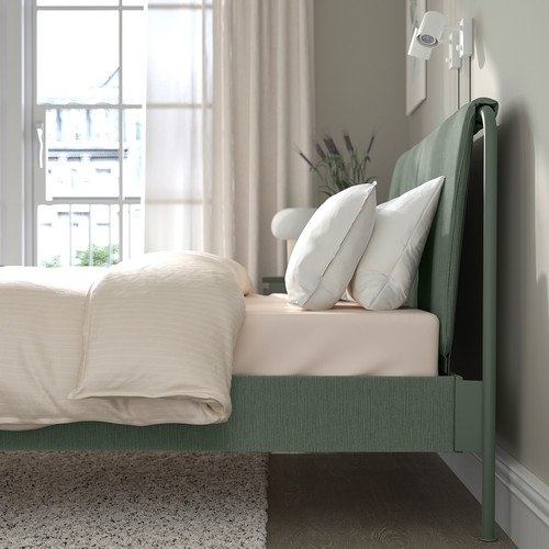 TÄLLÅSEN Upholstered bed frame with mattress, Kulsta grey-green/Åkrehamn firm, 140x200 cm
