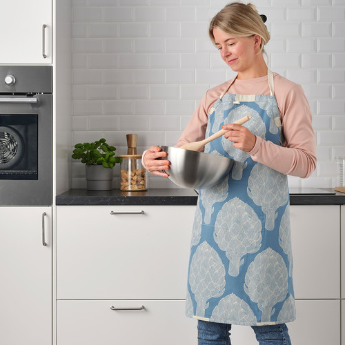 KÅLFJÄRIL Apron, patterned blue/light beige, 67x85 cm