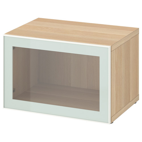 BESTÅ Shelf unit with glass door, white stained oak effect Glassvik/white/light green clear glass, 60x42x38 cm