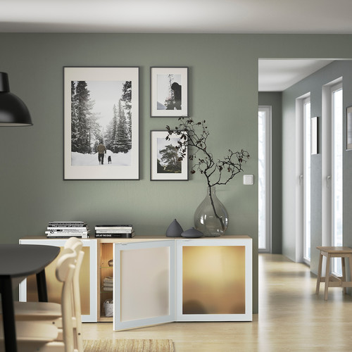 BESTÅ Storage combination with doors, white stained oak effect Glassvik/white/light green frosted glass, 180x42x65 cm