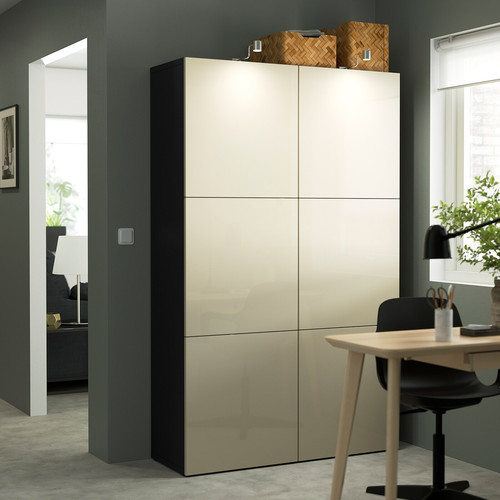 BESTÅ Storage combination with doors, black-brown, Selsviken high-gloss/beige, 120x40x192 cm