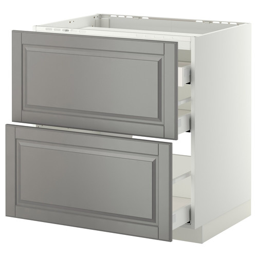 METOD / MAXIMERA Base cab f hob/2 fronts/3 drawers, white, Bodbyn grey, 80x60 cm