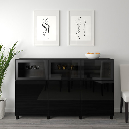 BESTÅ Storage combination with doors, black-brown, Selsviken/Glassvik high-gloss black, clear glass, 180x40x112 cm