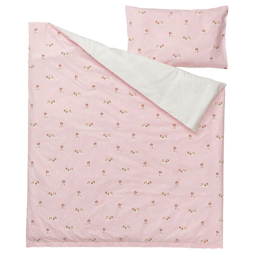 DRÖMSLOTT Duvet cover 1 pillowcase for cot, puppy pattern/pink, 110x125/35x55 cm