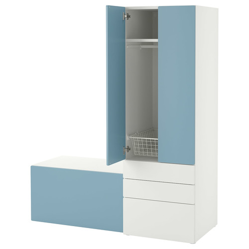 SMÅSTAD / PLATSA Storage combination, white blue/with bench, 150x57x181 cm