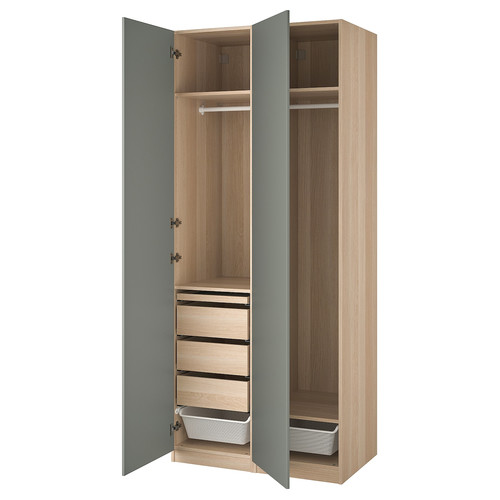 PAX / REINSVOLL Wardrobe combination, white stained oak effect, grey-green, 100x60x236 cm