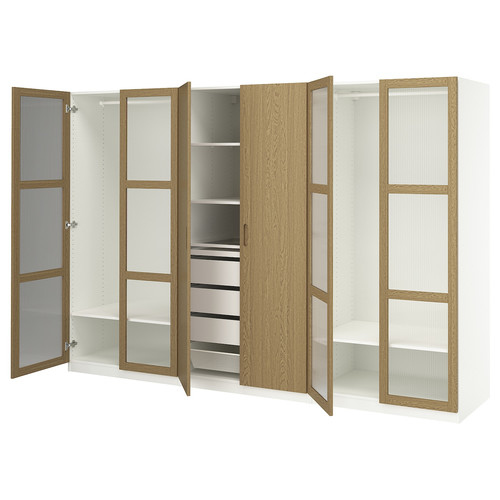 PAX / TONSTAD Wardrobe combination, white/oak veneer glass, 300x60x201 cm